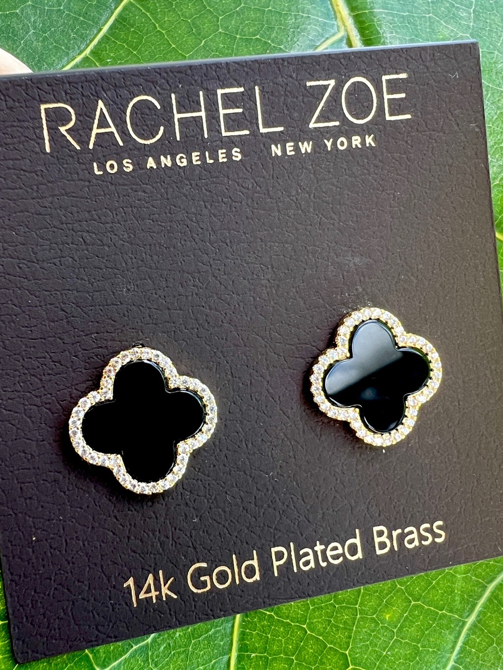 Rachel Zoe Clover stud earrings Gold Plated brass CZ black NWT